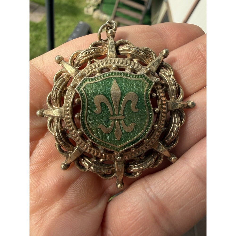 Vintage Green Enamel Fleur De Lis Pendant Ornate Large Statement Necklace Charm